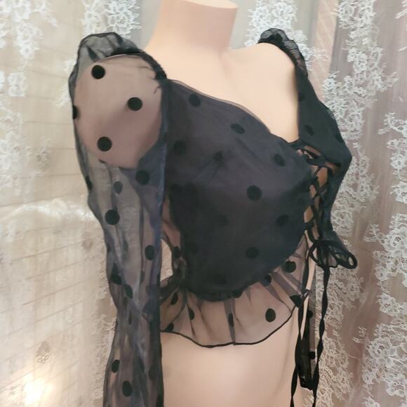 NASTY GAL Crop Top BLACK ORGANZA CORSET Puff Sleeve Sheer Goth Victorian XS - Picture 2 of 6